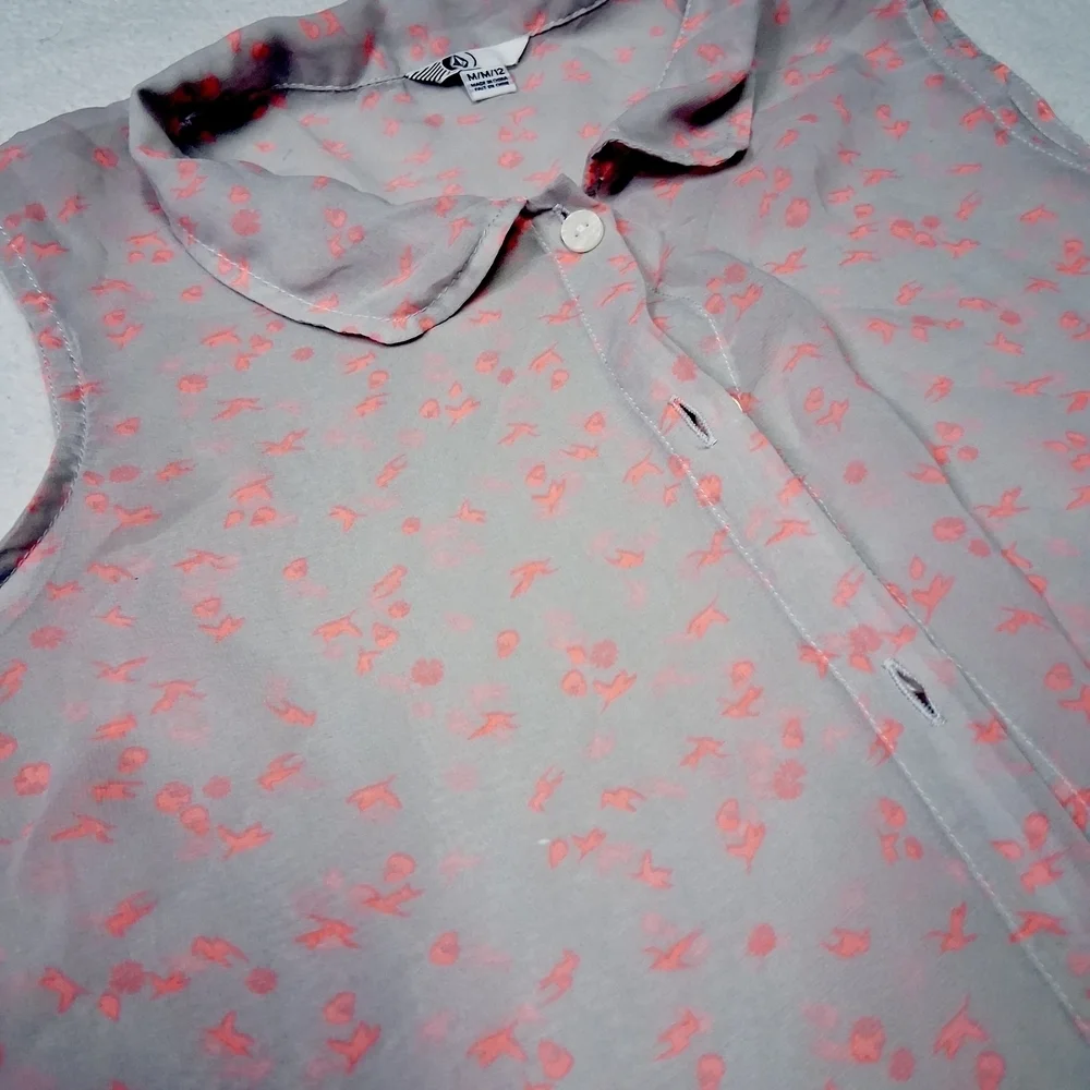 Volcom Sleeveless Sheer Button-Down Shirt - Gray and Pink Floral - Picture 2 of 5